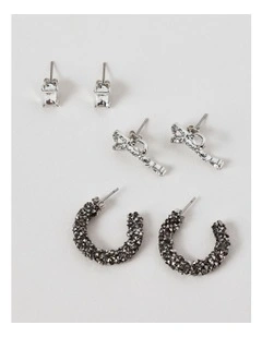 Bow & Diamante Earring 3Pk in Silver