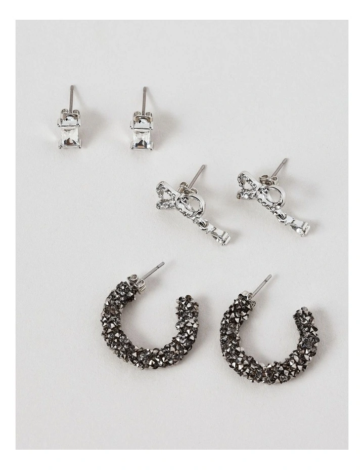 Bow & Diamante Earring 3Pk in Silver image 1
