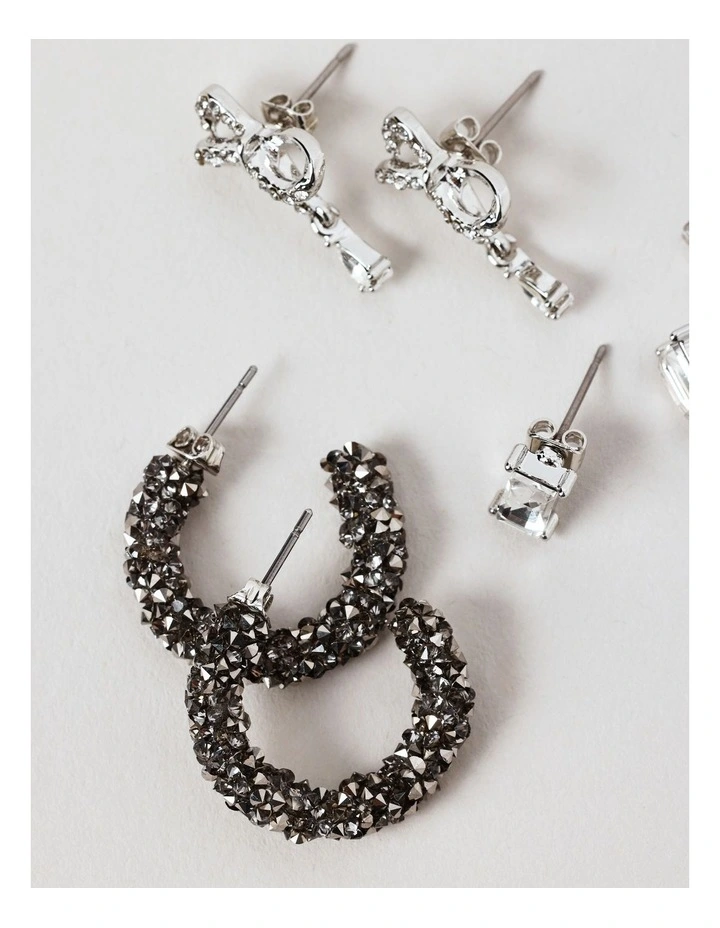 Bow & Diamante Earring 3Pk in Silver image 3