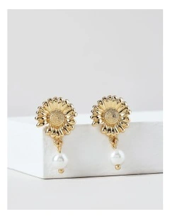 Flower Pearl Drop Earrings in Gold