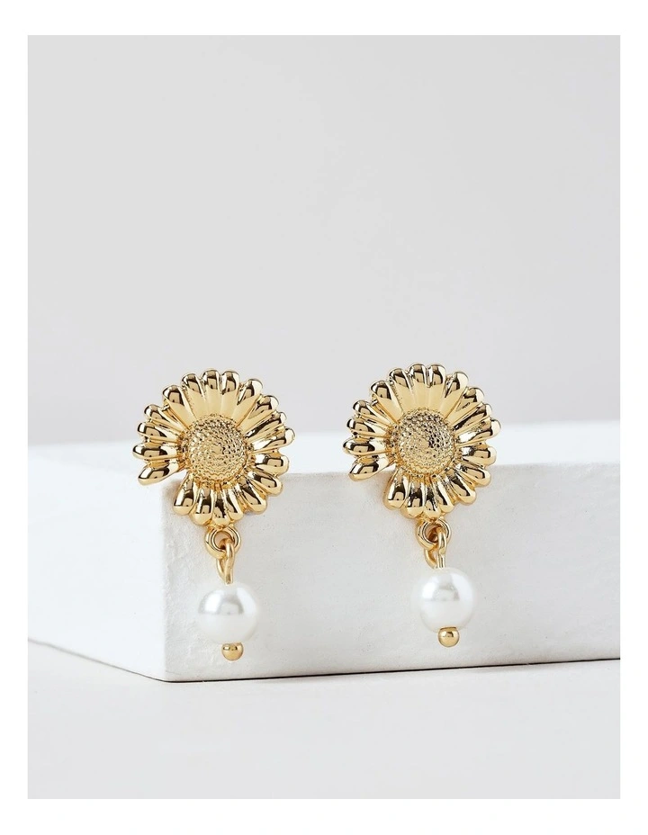 Flower Pearl Drop Earrings in Gold image 1