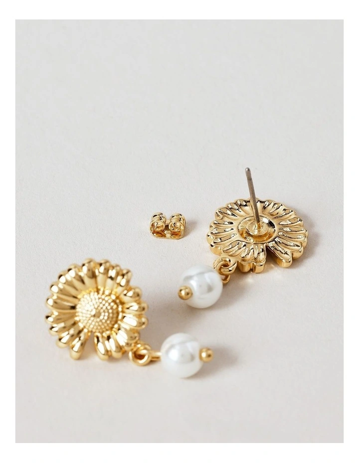 Flower Pearl Drop Earrings in Gold image 3