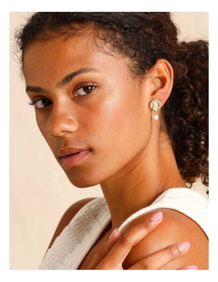 Flower Pearl Drop Earrings in Gold image 4