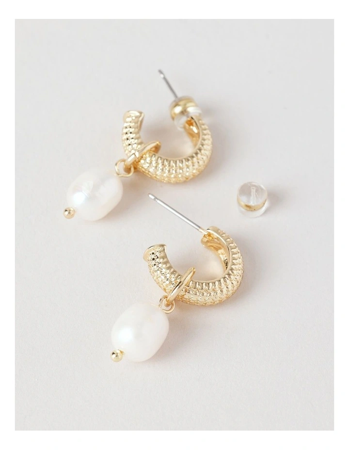 Textured Pearl Hoops in Gold image 2