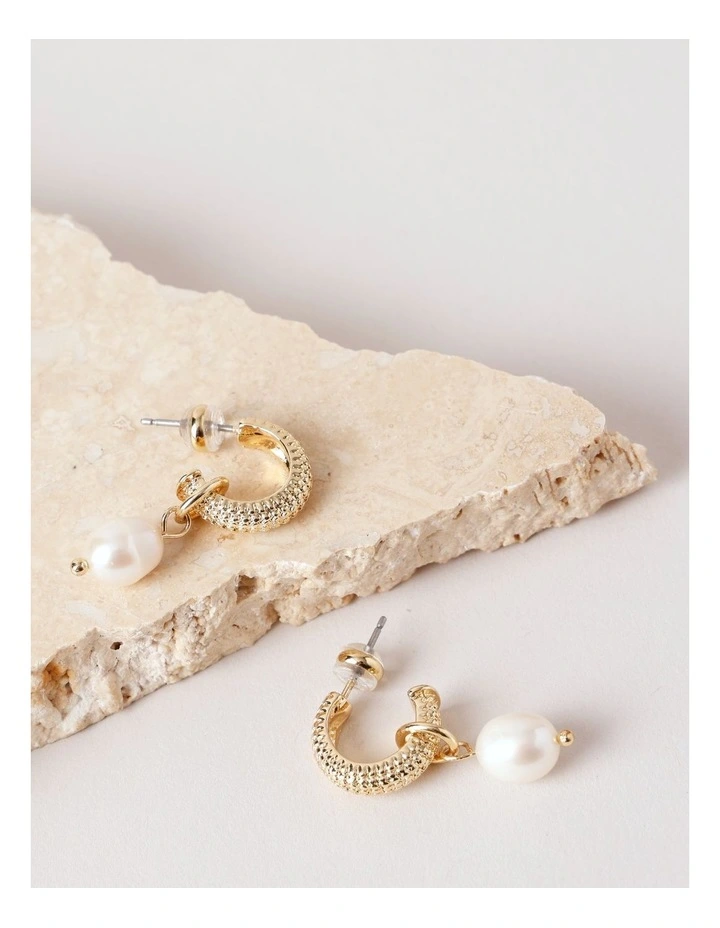Textured Pearl Hoops in Gold image 2