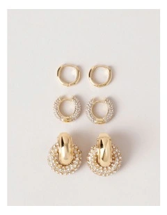 3-Pack Diamante Hoops in Gold