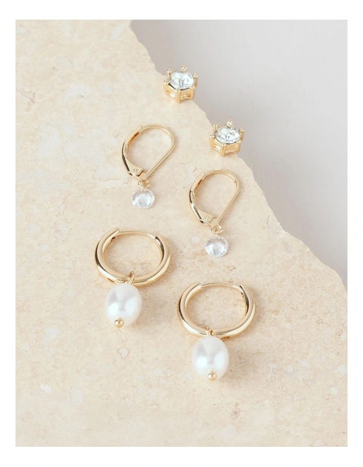 Diamante and Pearl 3PK Earring in Gold image 1