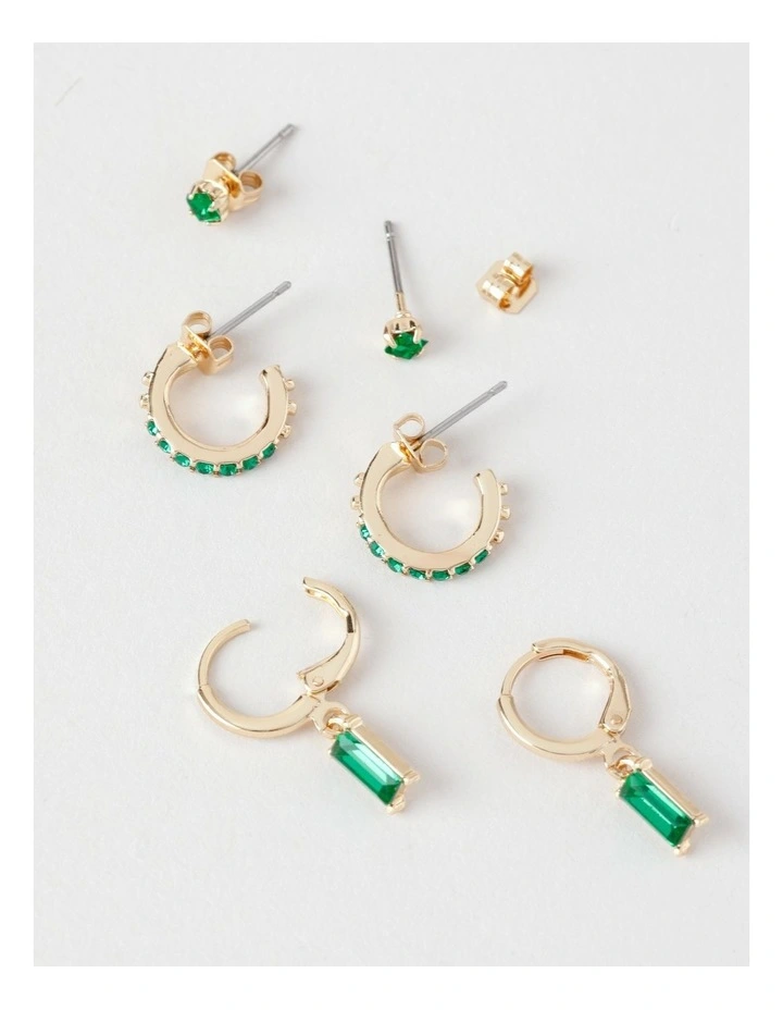 Assorted 3PK Earrings in Gold/Emerald image 2