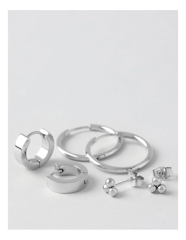 Stud & Hoop Three Pack of Earrings in Silver image 1