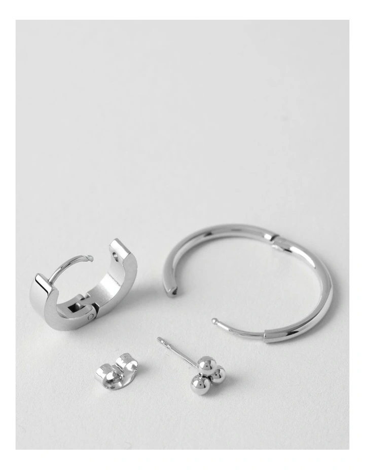 Stud & Hoop Three Pack of Earrings in Silver image 2