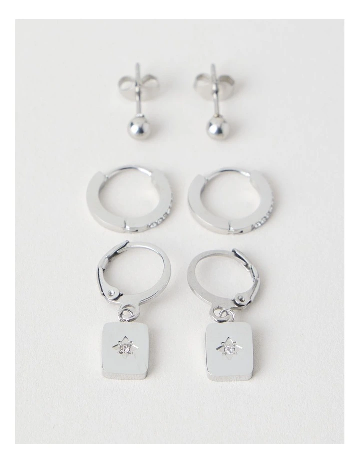 CZ Stud & Hoop Three Pack Earrings in Silver image 1
