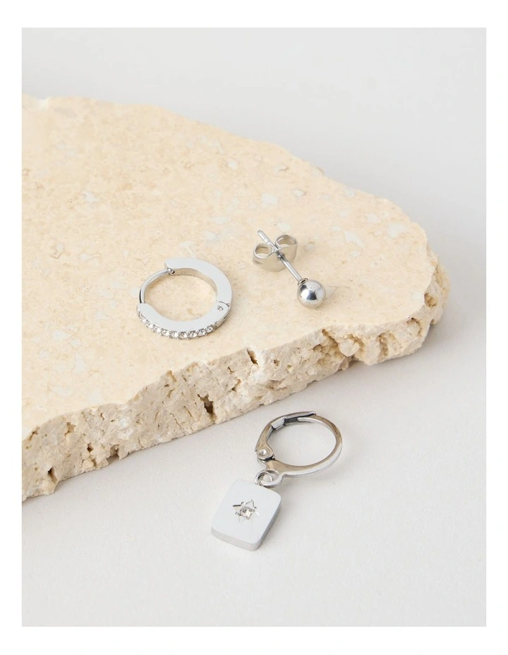 CZ Stud & Hoop Three Pack Earrings in Silver image 2