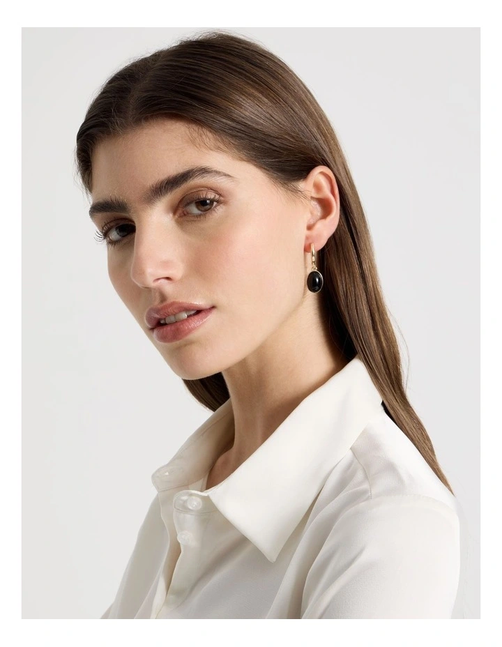Gold-Tone Drop Earrings with Black Stone image 2