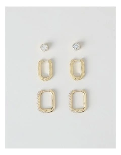 Diamante Hoops and Studs 3-Pack in Gold