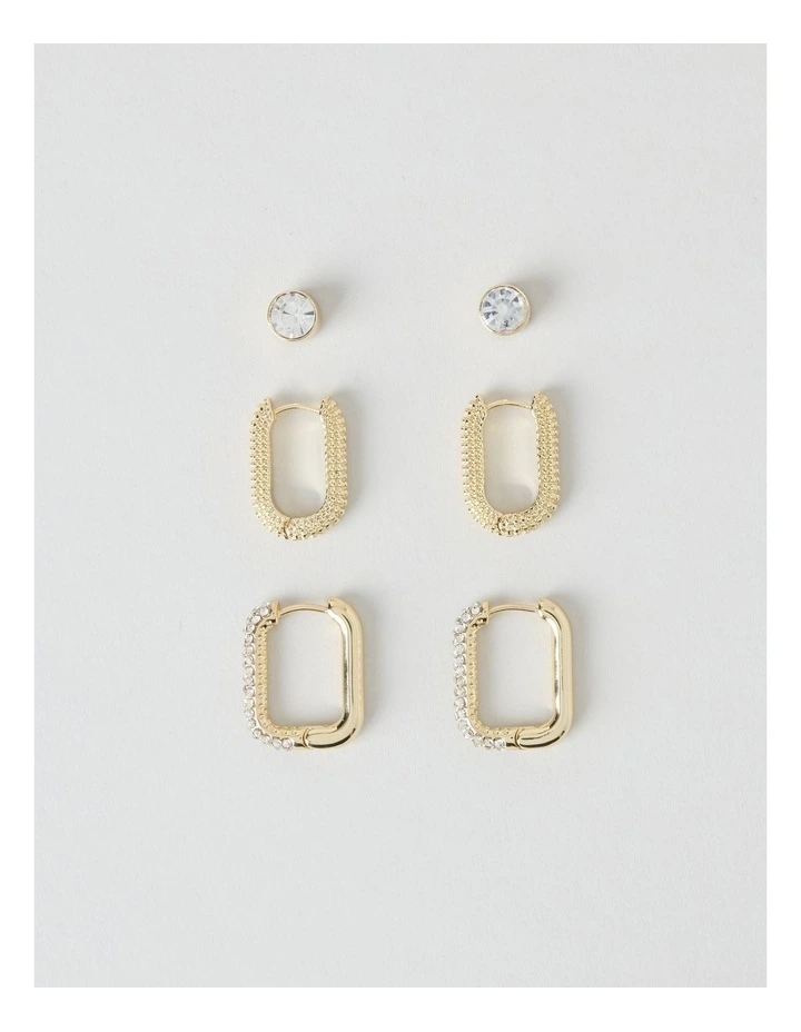 Diamante Hoops and Studs 3-Pack in Gold image 1