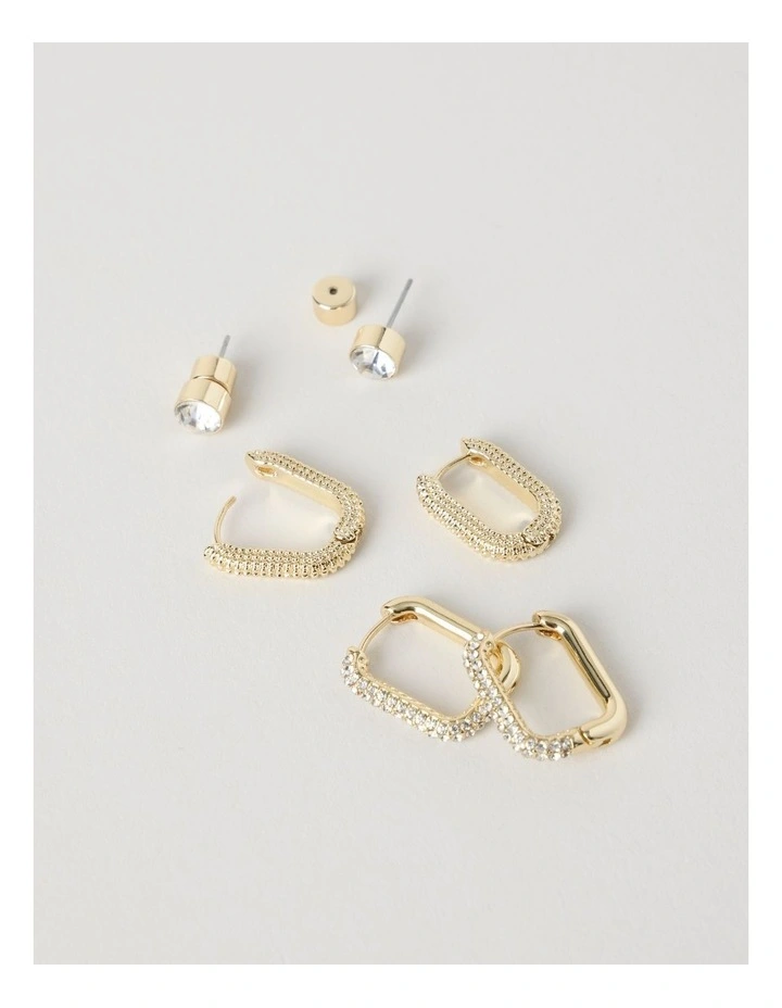Diamante Hoops and Studs 3-Pack in Gold image 2