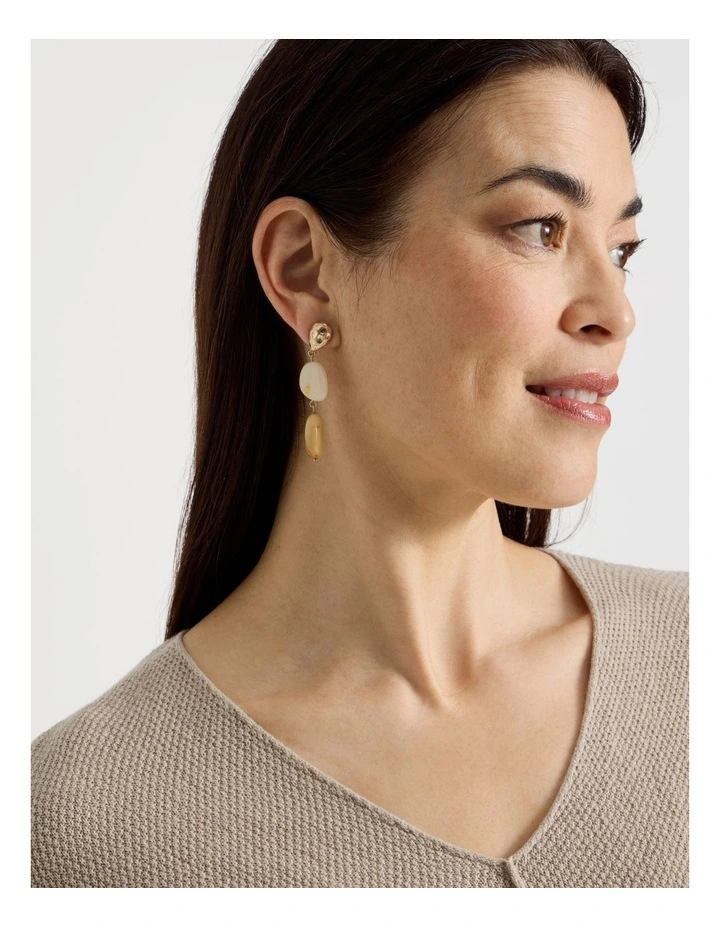 Stone and Gold Drop Earrings in Beige image 2