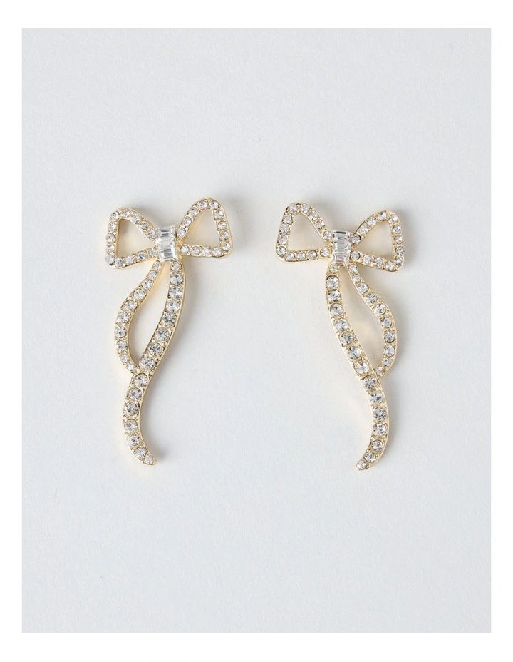 Novelty Diamante Bow Earring in Gold image 1