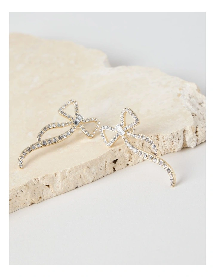 Novelty Diamante Bow Earring in Gold image 2