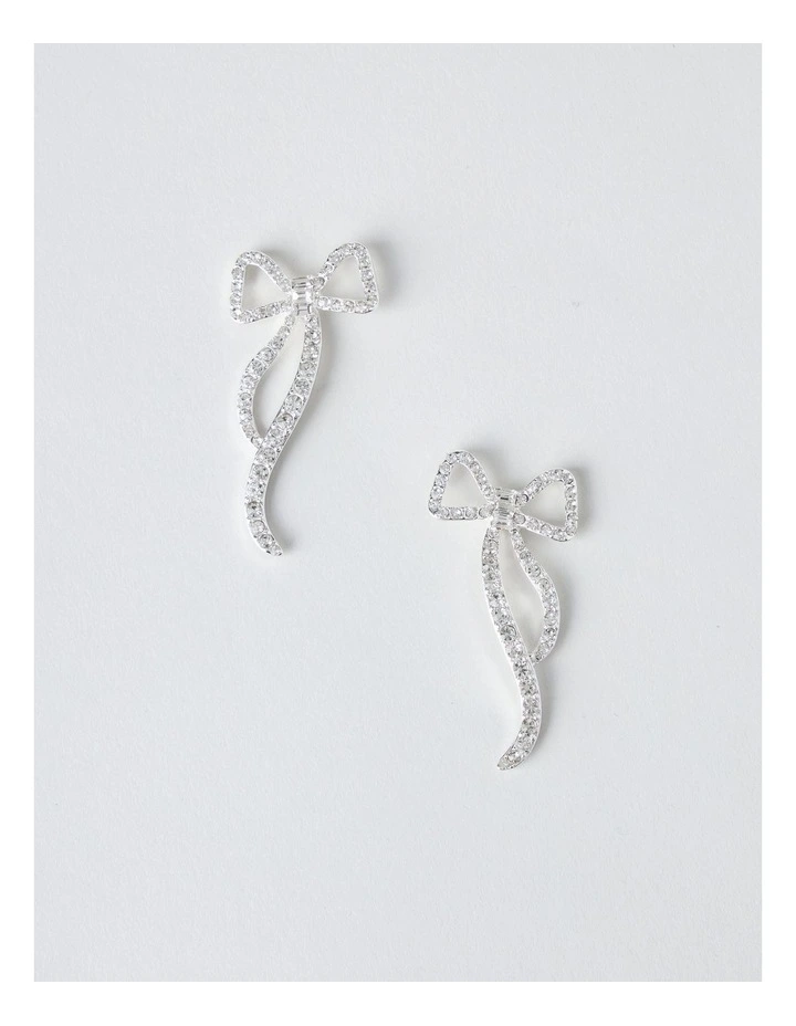 Novelty Diamante Bow Earring in Silver image 1