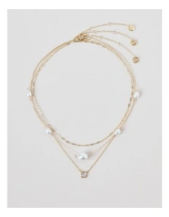 Pearl Station & Gem Necklace 3Pk in Gold