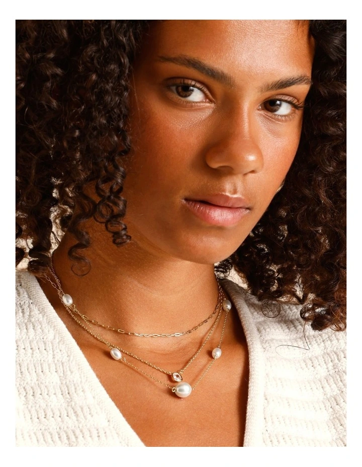 Pearl Station & Gem Necklace 3Pk in Gold image 2