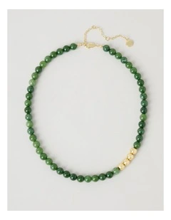 Stone Beaded Necklace in Forest and Gold