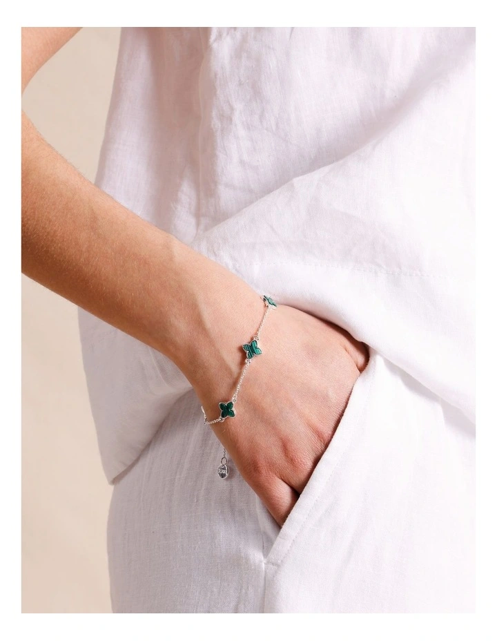 Malachite Four Leaf Clover Bracelet in Silver image 2