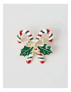 Novelty Candy Cane Brooch in Green & Red