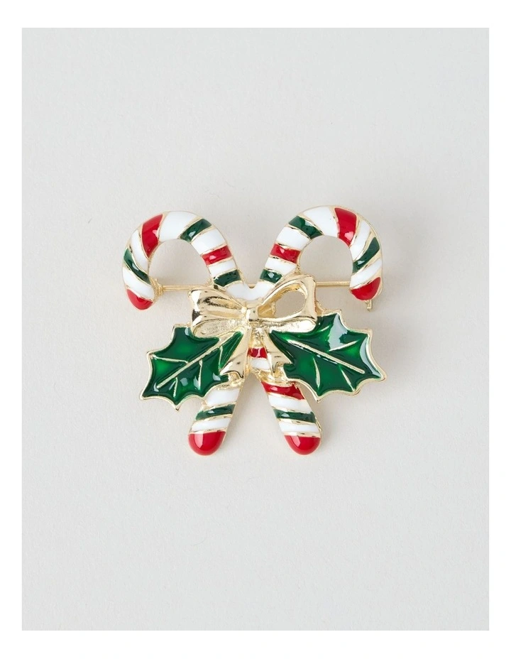 Novelty Candy Cane Brooch in Green & Red image 1