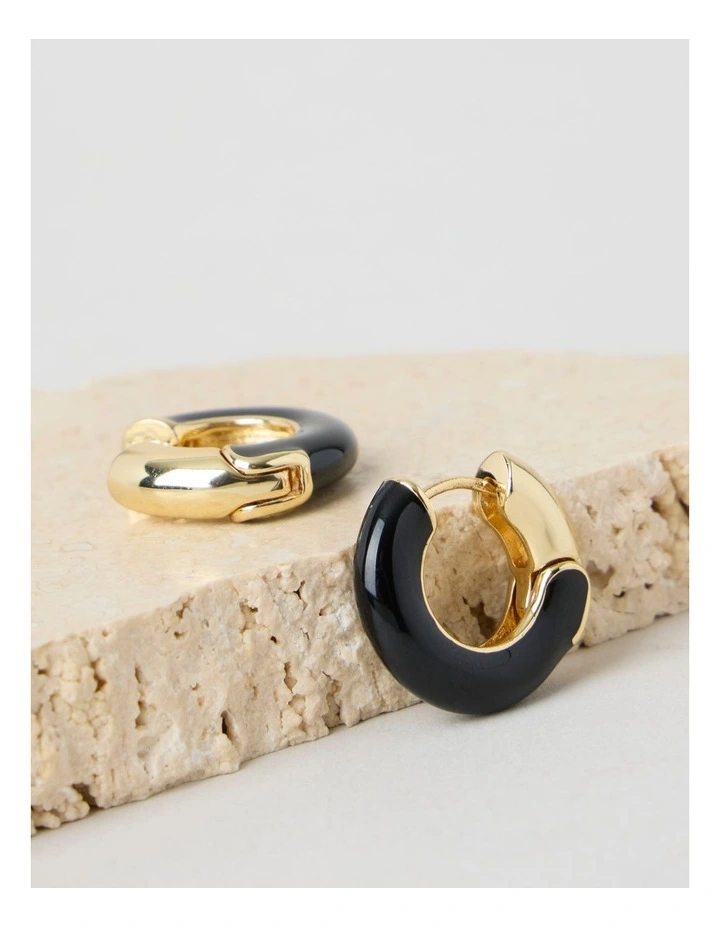 Enamel Hoop Earrings in Black and Gold image 3