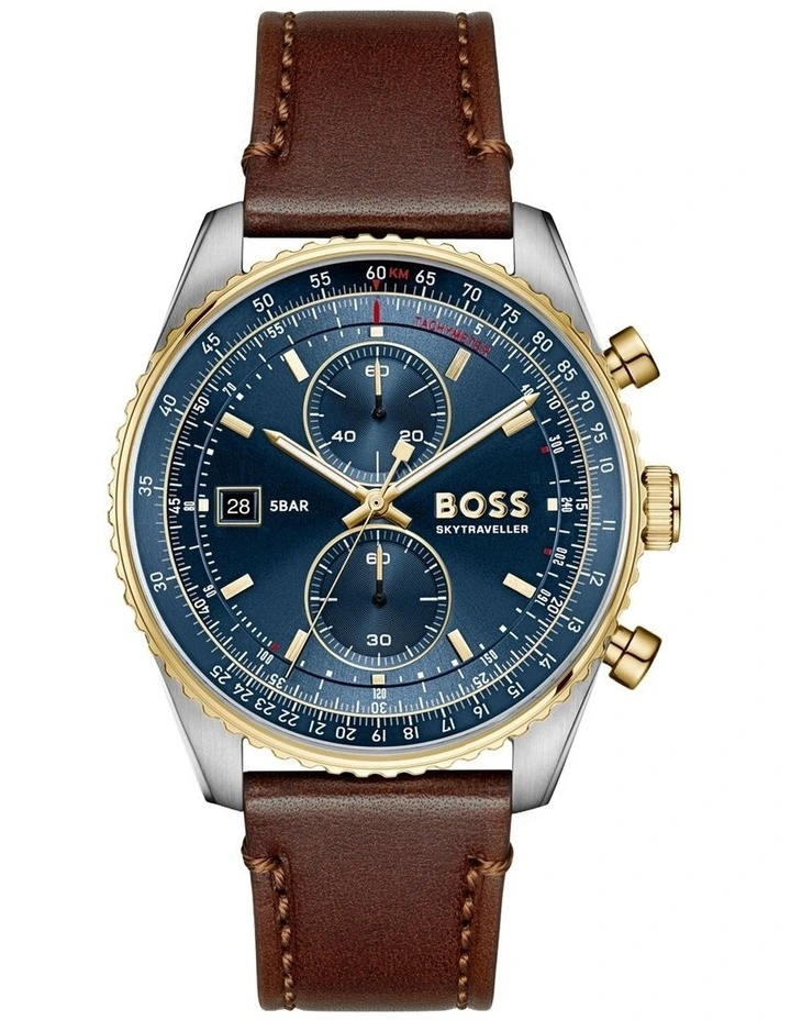 Skytraveller Pro Brown Calfskin Blue Dial Men's Chronograph Watch image 1