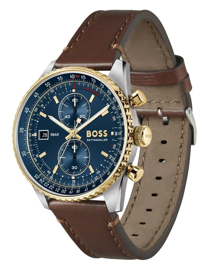 Skytraveller Pro Brown Calfskin Blue Dial Men's Chronograph Watch image 2