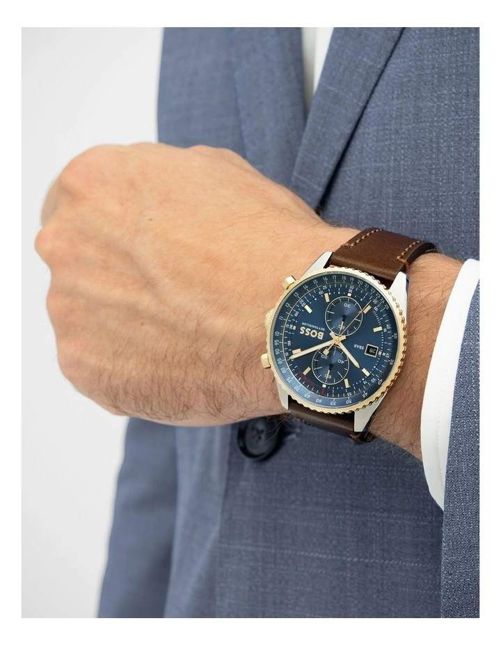 Skytraveller Pro Brown Calfskin Blue Dial Men's Chronograph Watch image 4