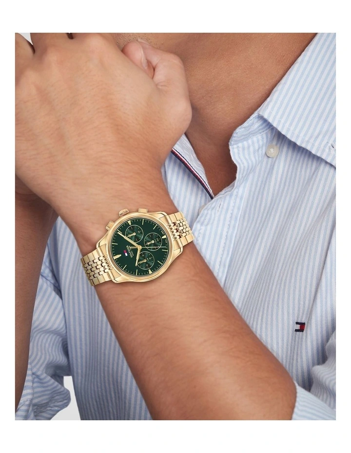 Gold Steel Emerald Green Dial Multi-function Men's Watch image 4