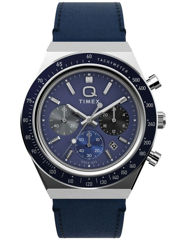 Q Chronograph Leather Strap Watch 40mm in Blue image 1