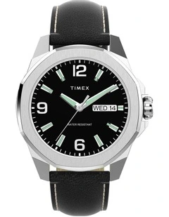 Essex Day & Date 46mm Leather Strap Watch in Black