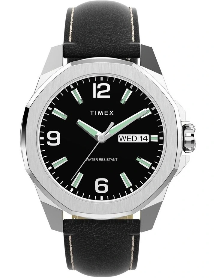 Essex Day & Date 46mm Leather Strap Watch in Black image 1