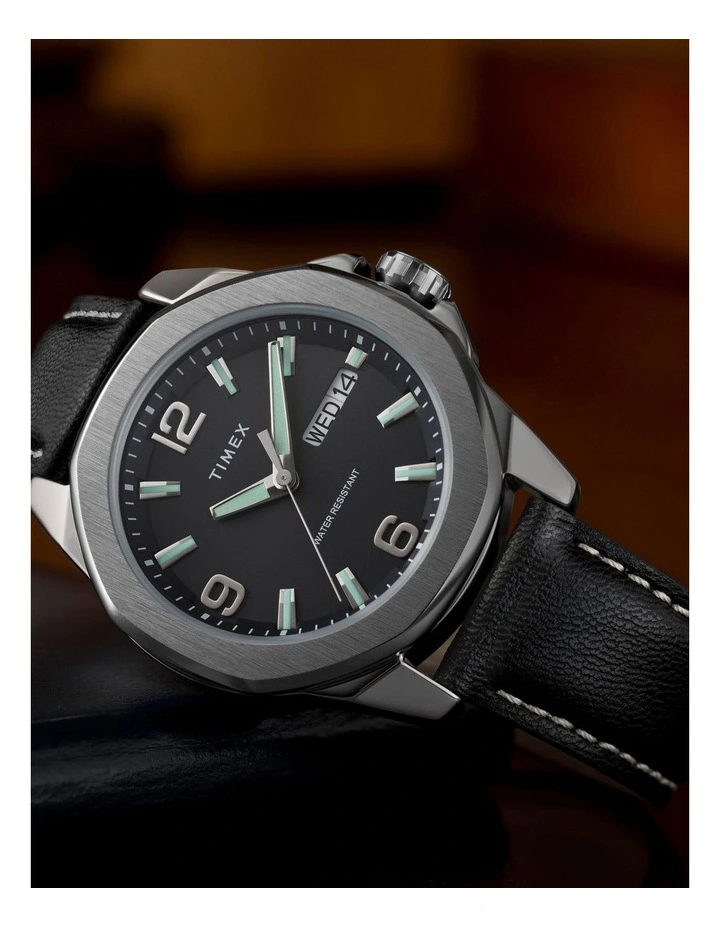 Essex Day & Date 46mm Leather Strap Watch in Black image 2