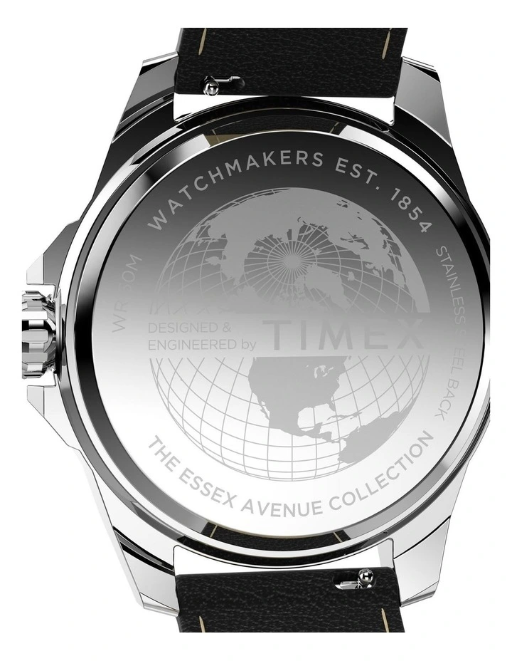 Essex Day & Date 46mm Leather Strap Watch in Black image 5