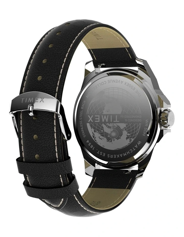 Essex Day & Date 46mm Leather Strap Watch in Black image 6