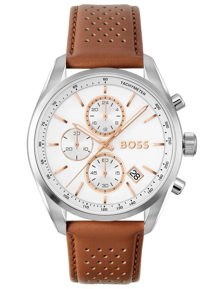 Grand Prix 44 Leather White Dial Watch in Brown image 1
