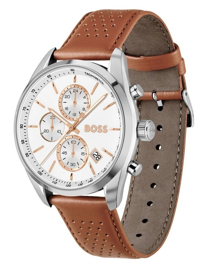 Grand Prix 44 Leather White Dial Watch in Brown image 2