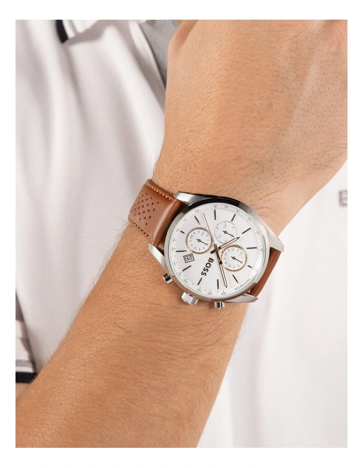 Grand Prix 44 Leather White Dial Watch in Brown image 4