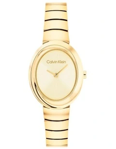 Twisted Bezel Ionic Plated Thin Steel Light Dial Ladies Watch in Gold