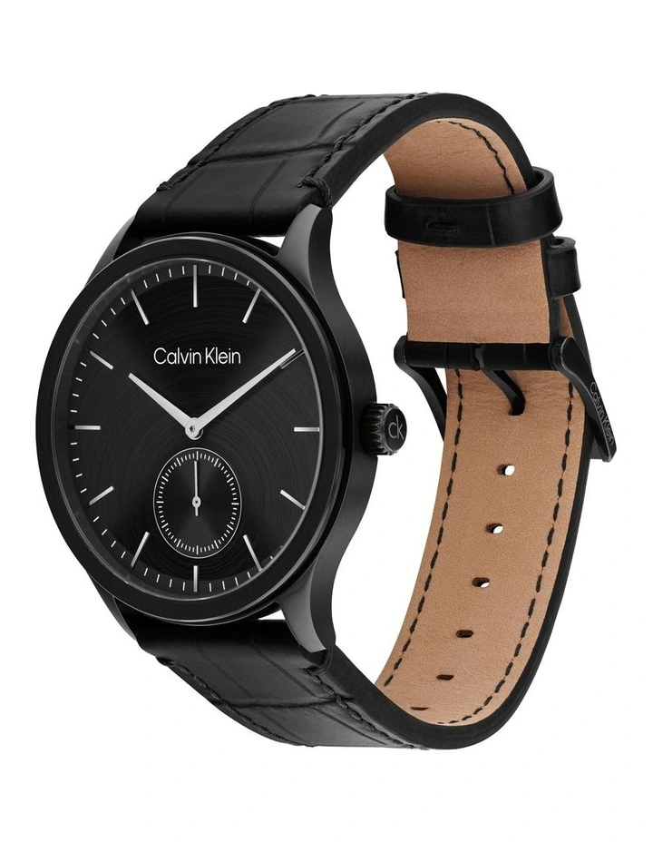 Tailored Leather Dial Watch in Black image 2