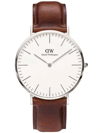 40mm Classic St Mawes Leather Watch in Silver