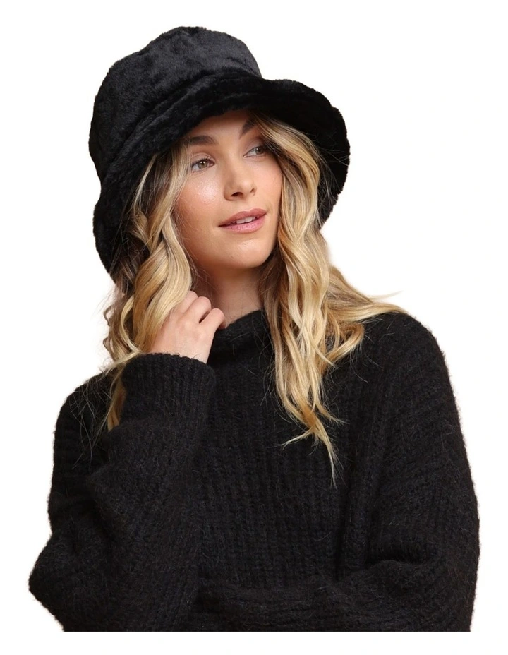 Carla Faux Fur Bucket Hat in Black image 2