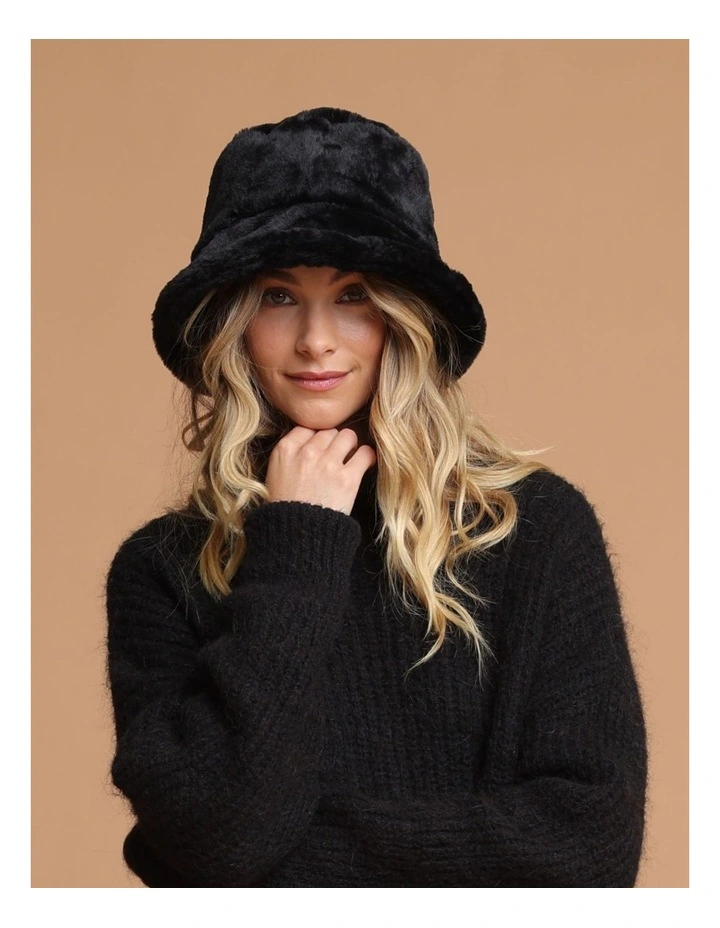 Carla Faux Fur Bucket Hat in Black image 3