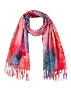 Floral Print Scarf With Fringe in Pink